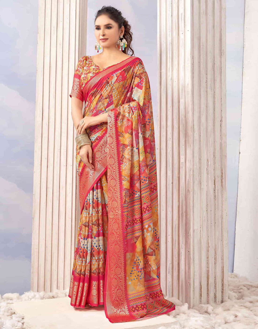 Punch Pink Cotton Geometric Printed Saree