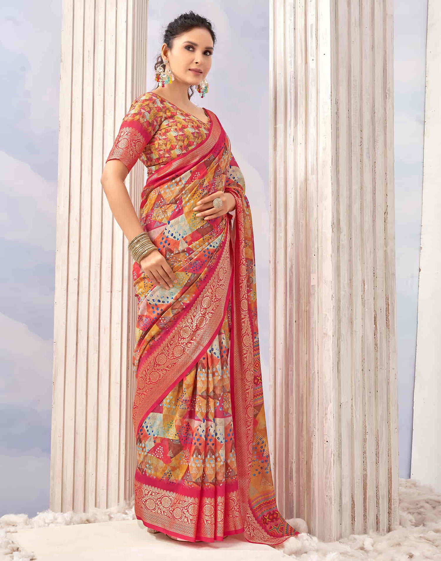 Punch Pink Cotton Geometric Printed Saree