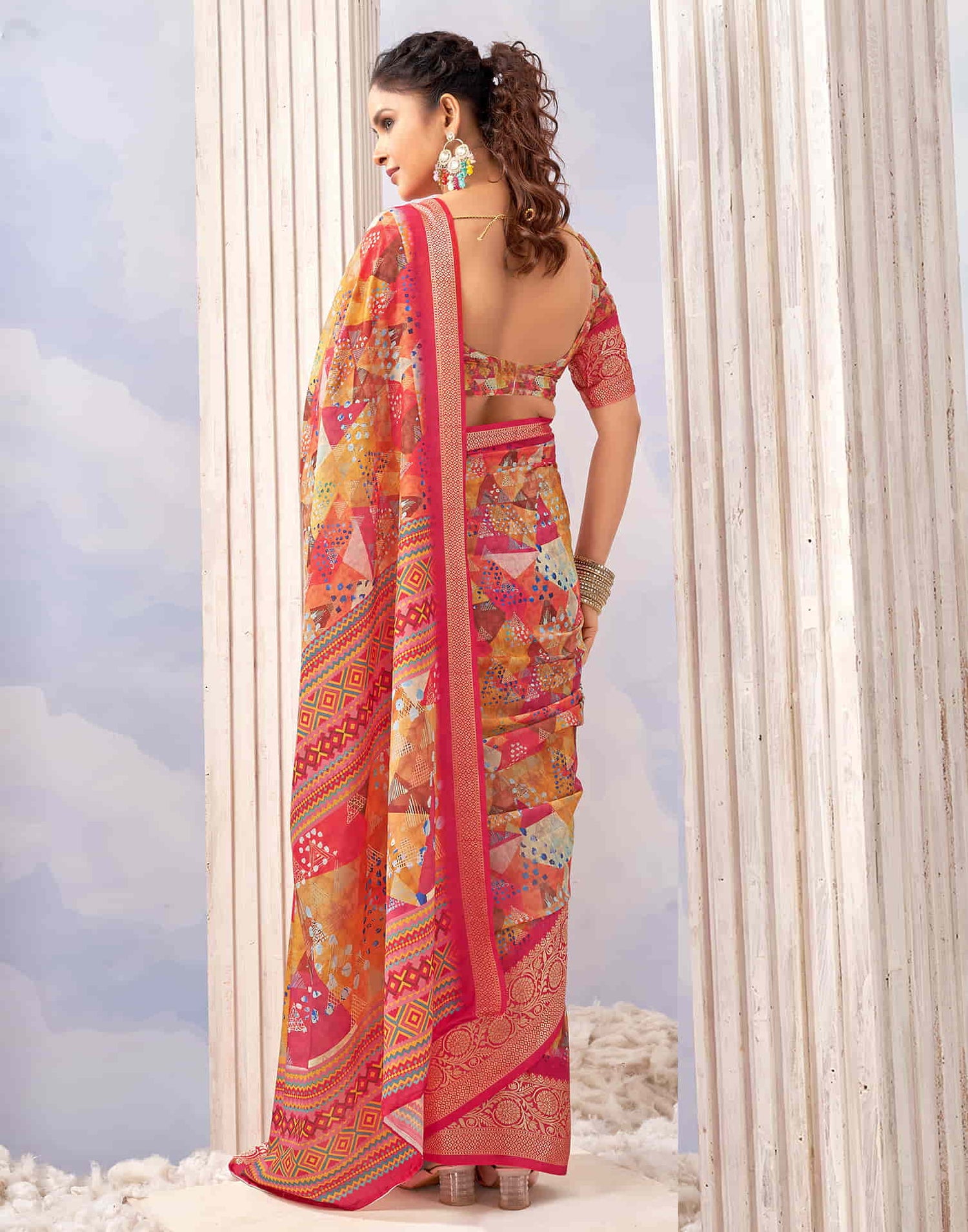 Punch Pink Cotton Geometric Printed Saree