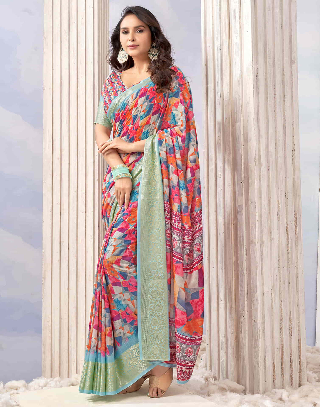 Light Sky Blue Cotton Geometric Printed Saree