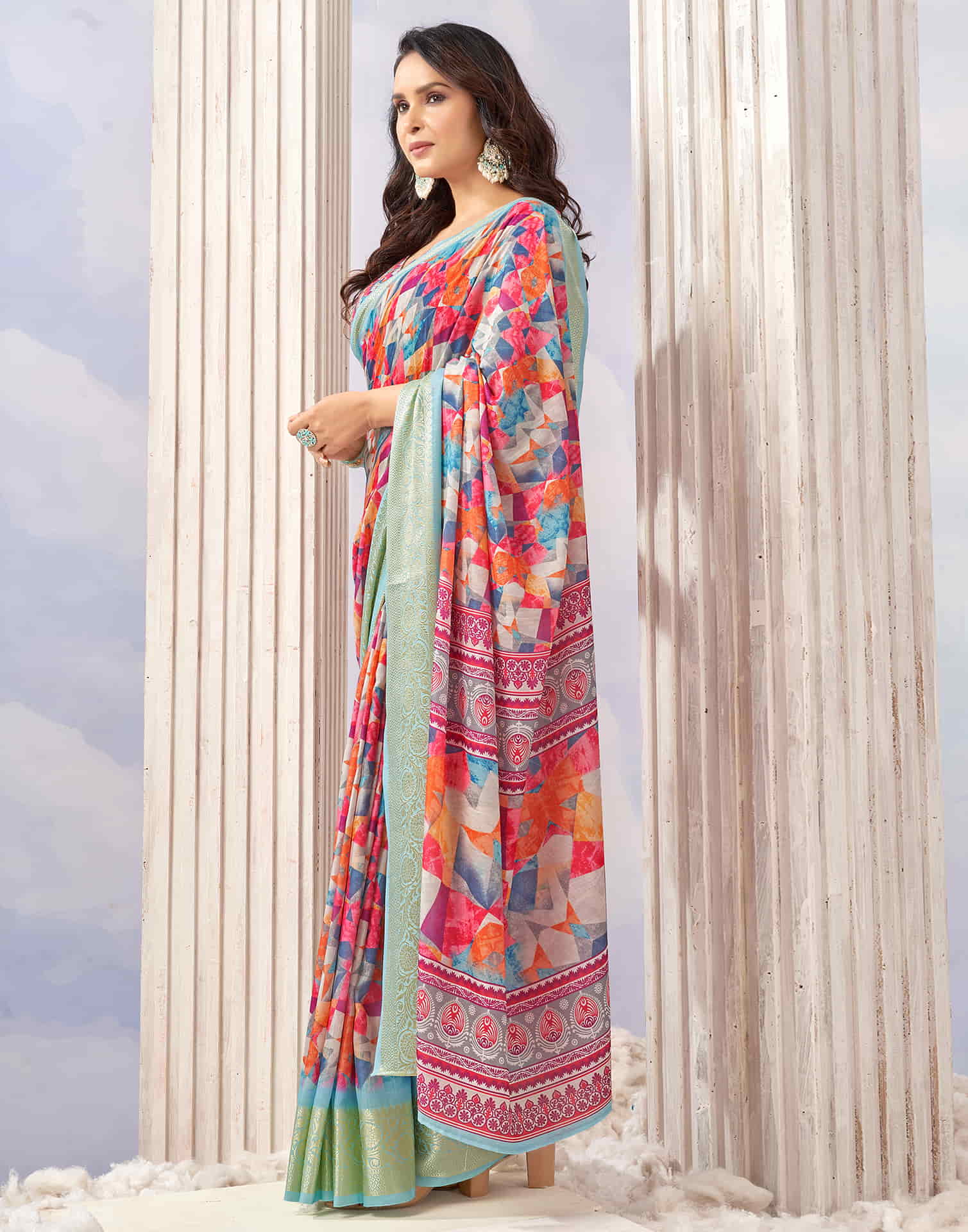 Light Sky Blue Cotton Geometric Printed Saree