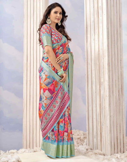 Light Sky Blue Cotton Geometric Printed Saree