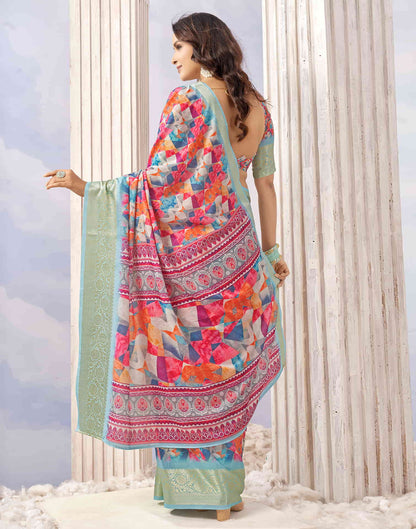 Light Sky Blue Cotton Geometric Printed Saree