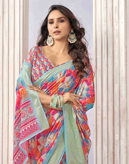 Light Sky Blue Cotton Geometric Printed Saree