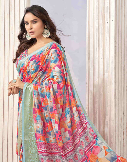 Light Sky Blue Cotton Geometric Printed Saree