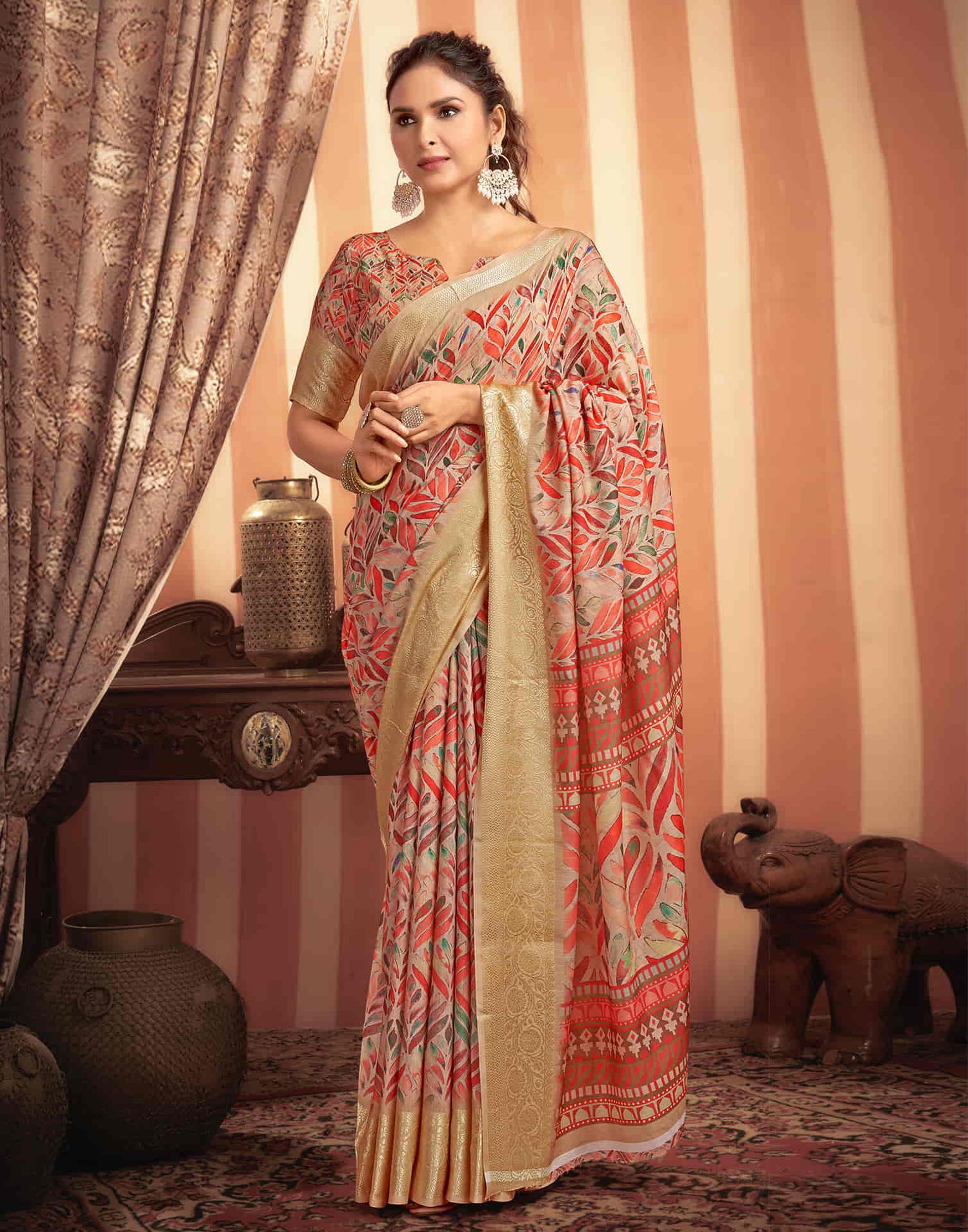 Beige Cotton Woven Printed Saree