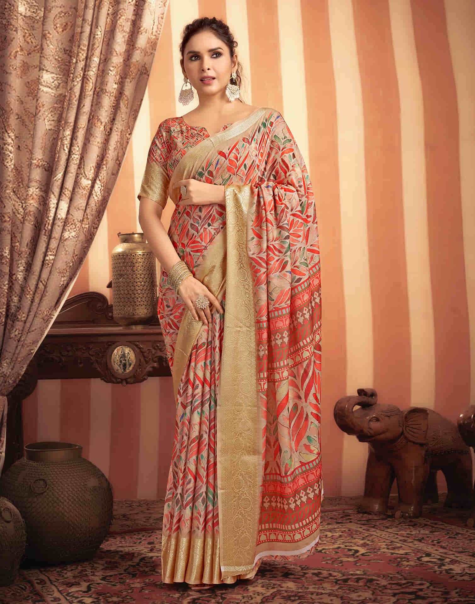 Beige Cotton Woven Printed Saree