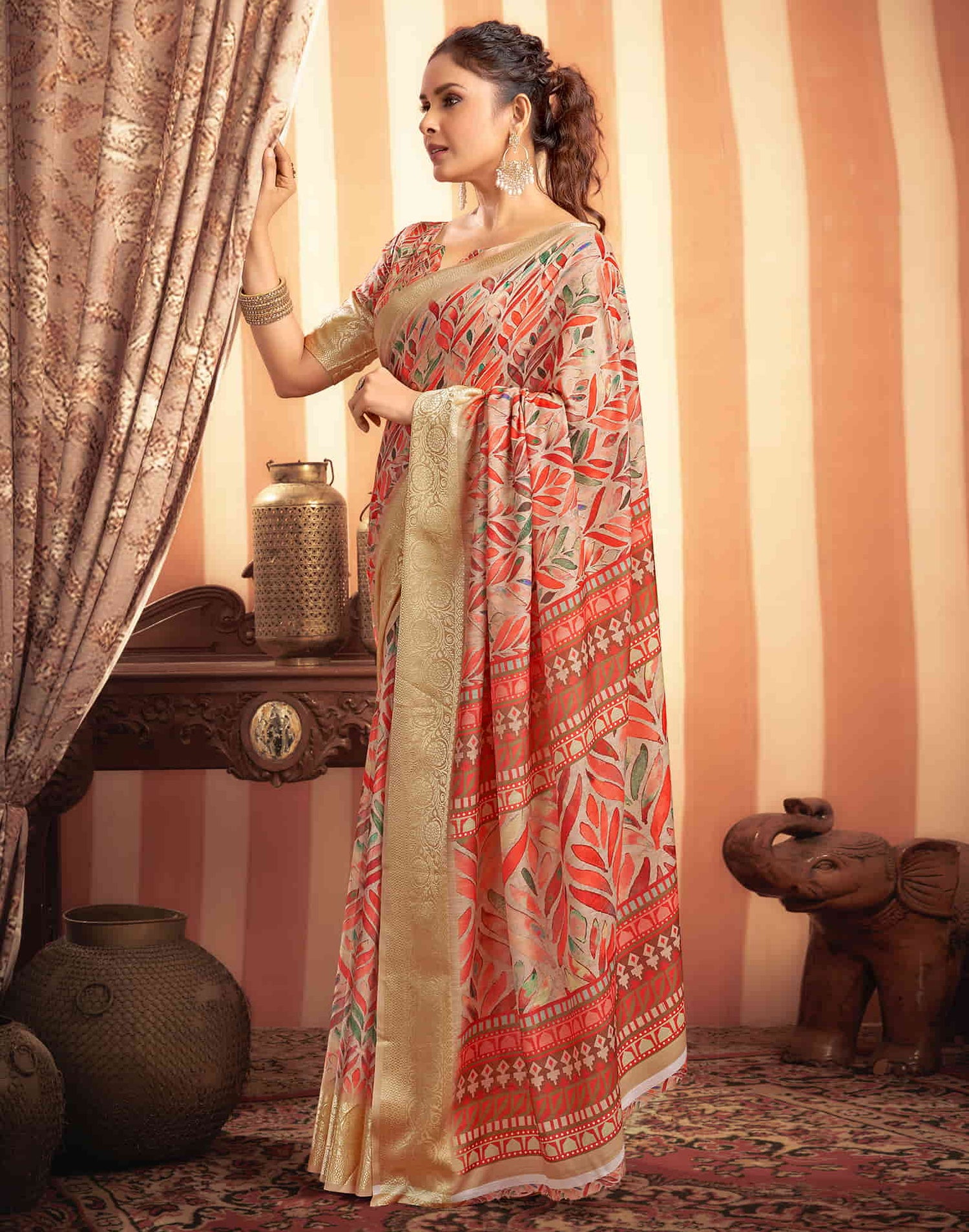 Beige Cotton Woven Printed Saree