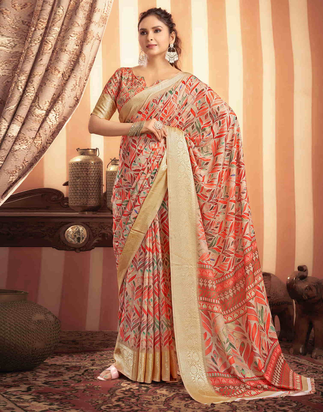 Beige Cotton Woven Printed Saree