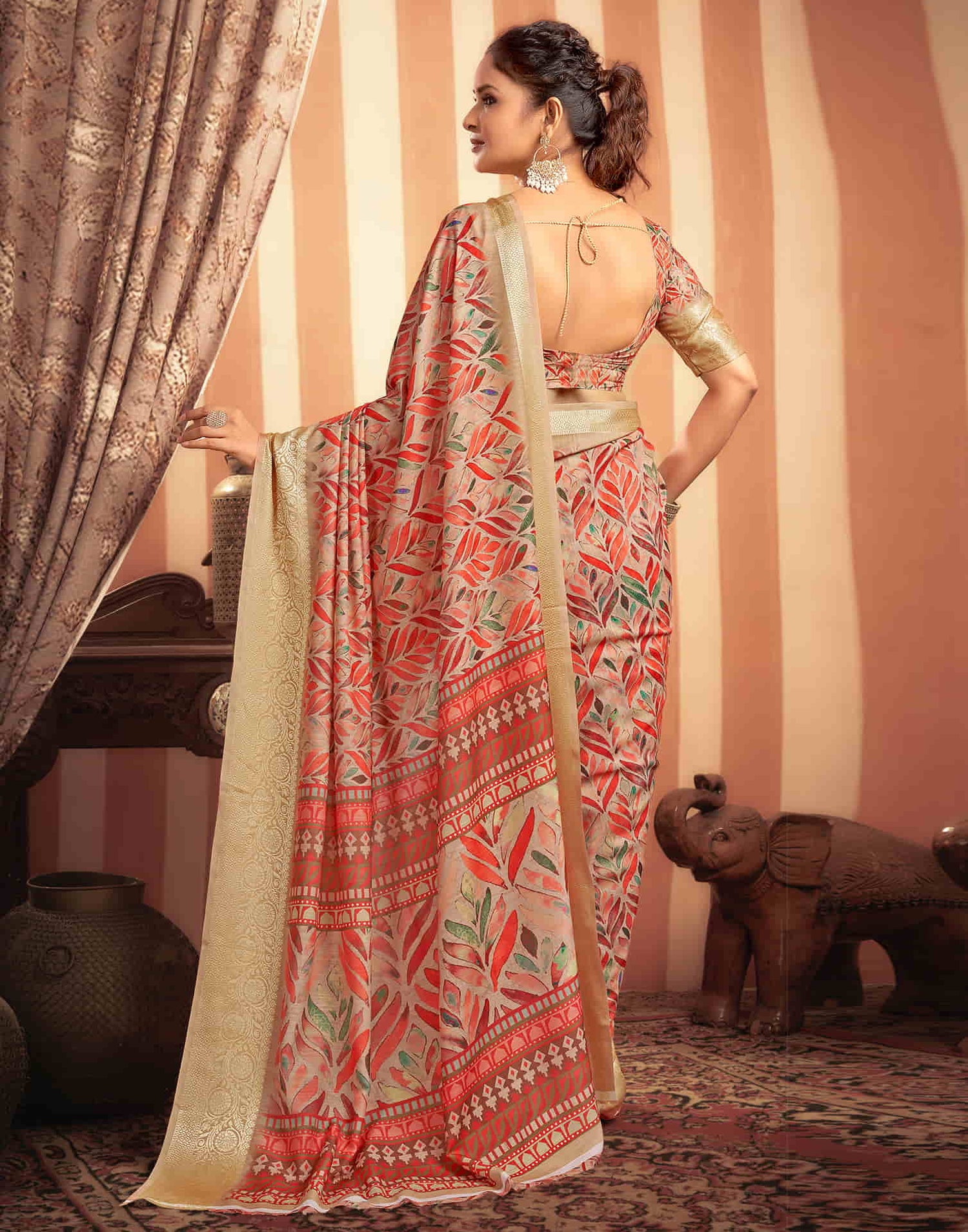 Beige Cotton Woven Printed Saree