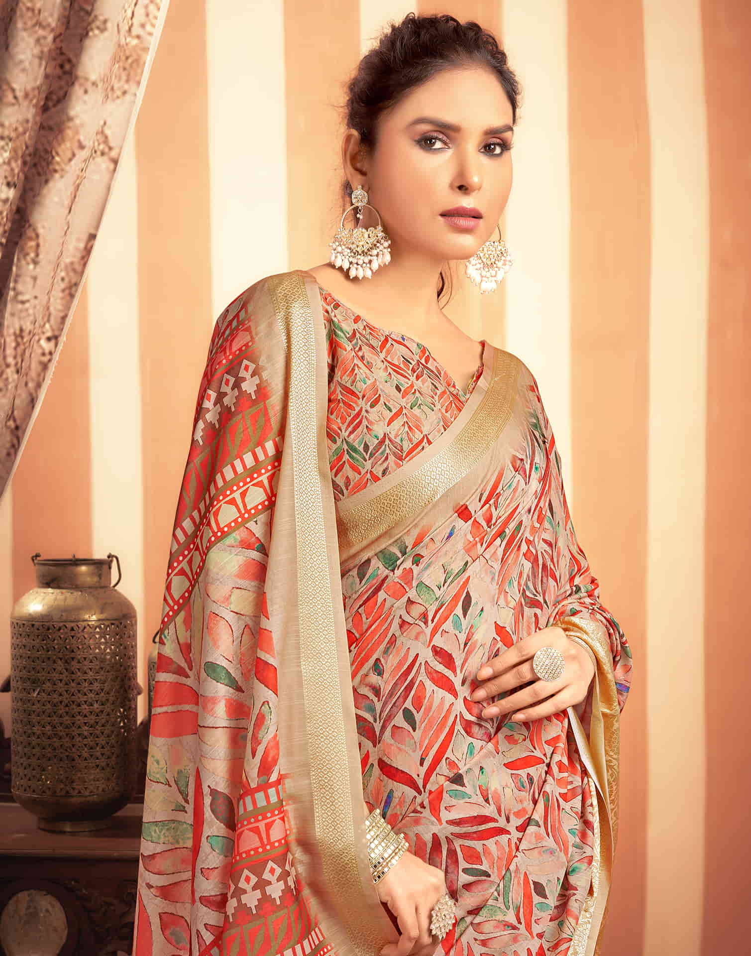 Beige Cotton Woven Printed Saree