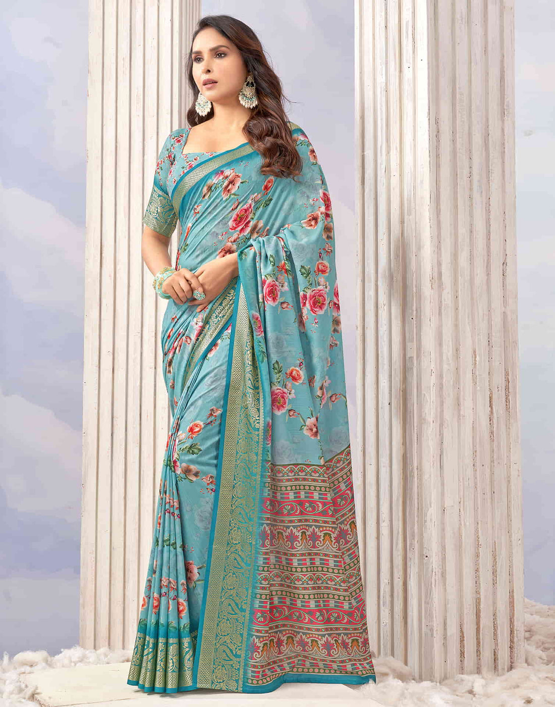 Sky Blue Cotton Printed Saree