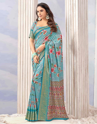 Sky Blue Cotton Printed Saree