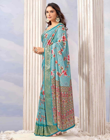 Sky Blue Cotton Printed Saree