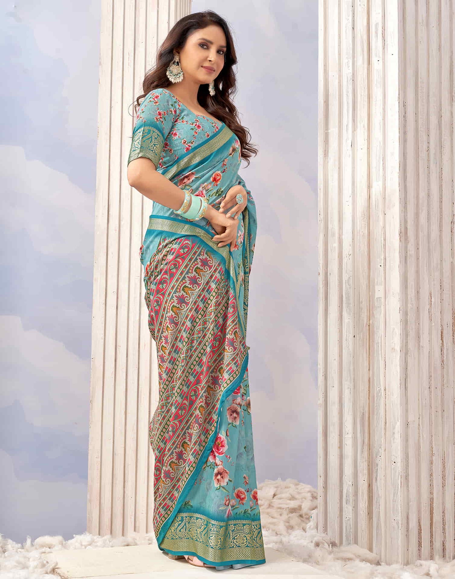 Sky Blue Cotton Printed Saree