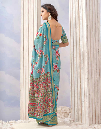 Sky Blue Cotton Printed Saree