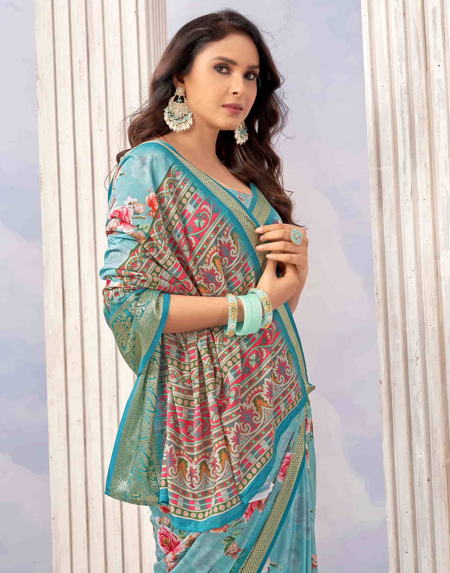 Sky Blue Cotton Printed Saree