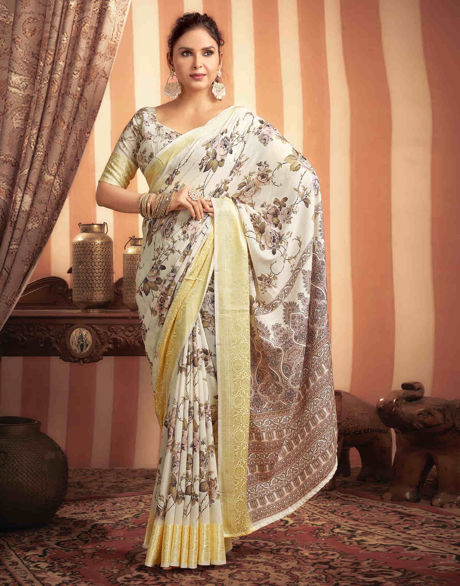 Cream Cotton Printed Saree