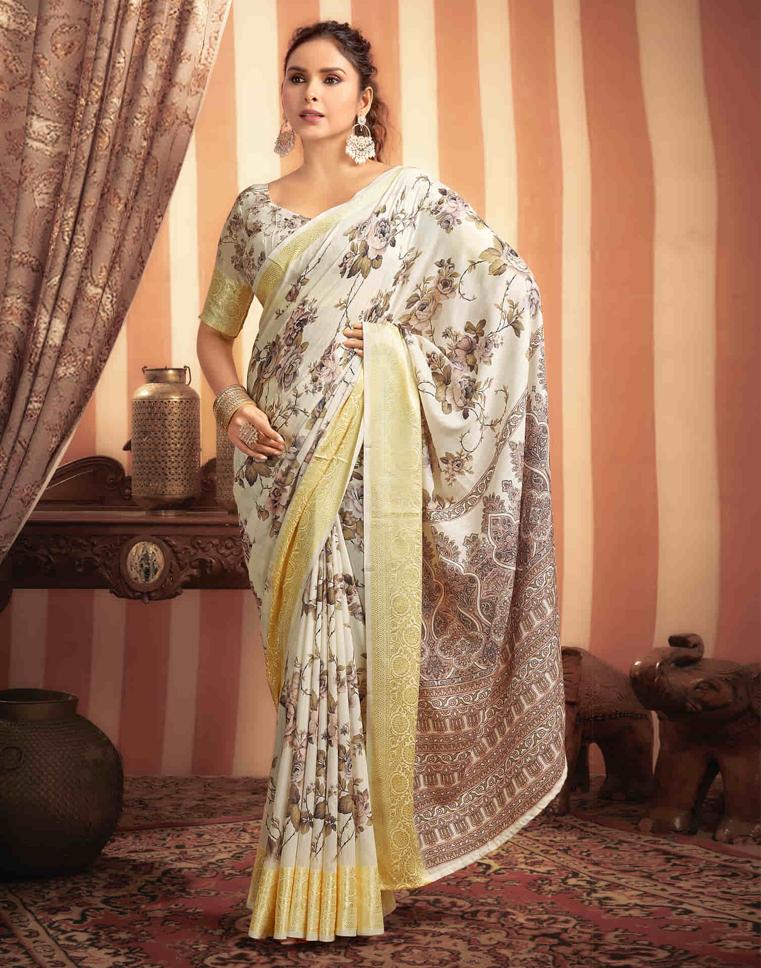 Cream Cotton Printed Saree