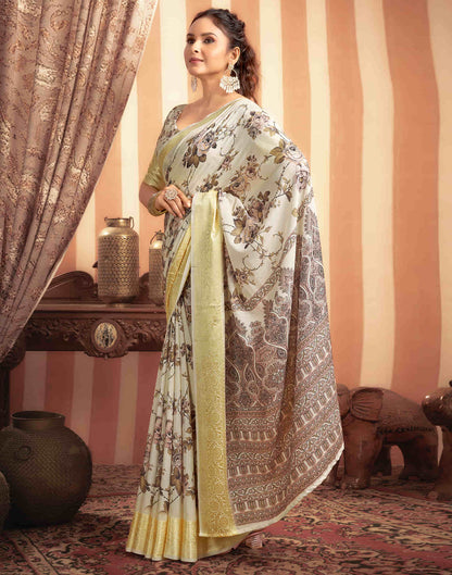 Cream Cotton Printed Saree