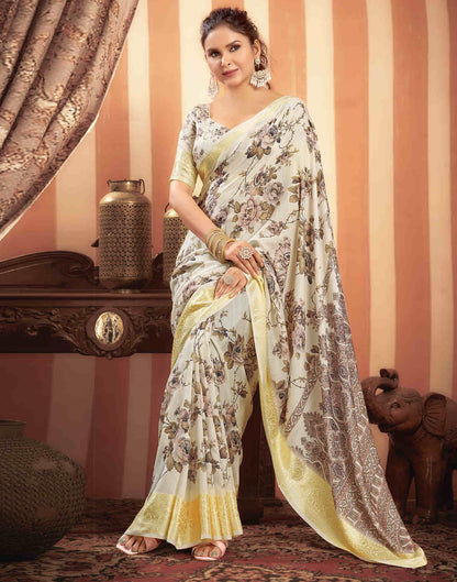 Cream Cotton Printed Saree