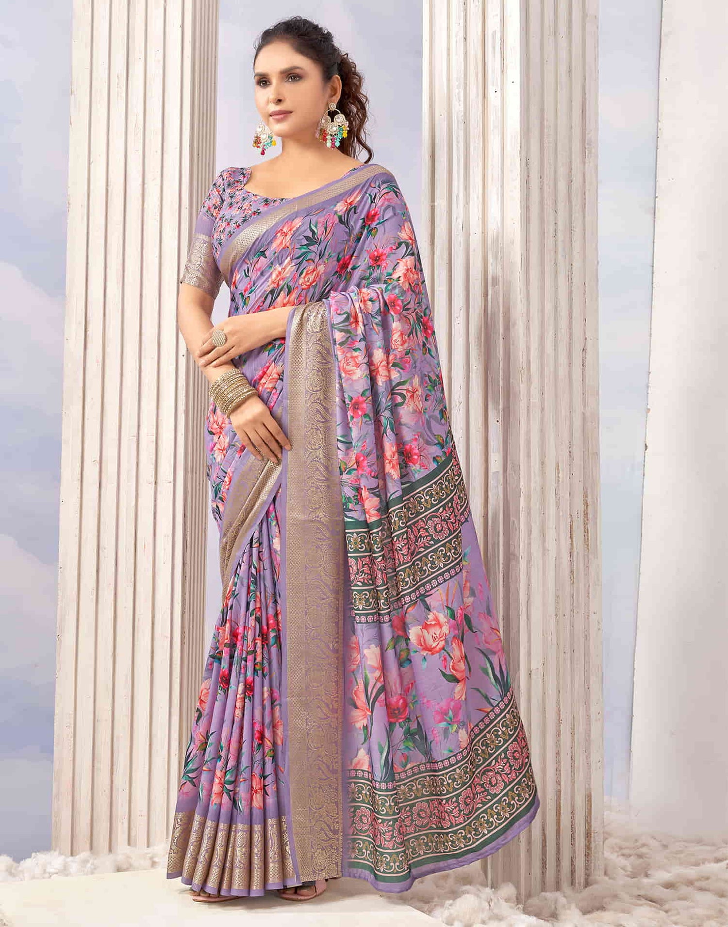 Lavender Cotton Printed Saree