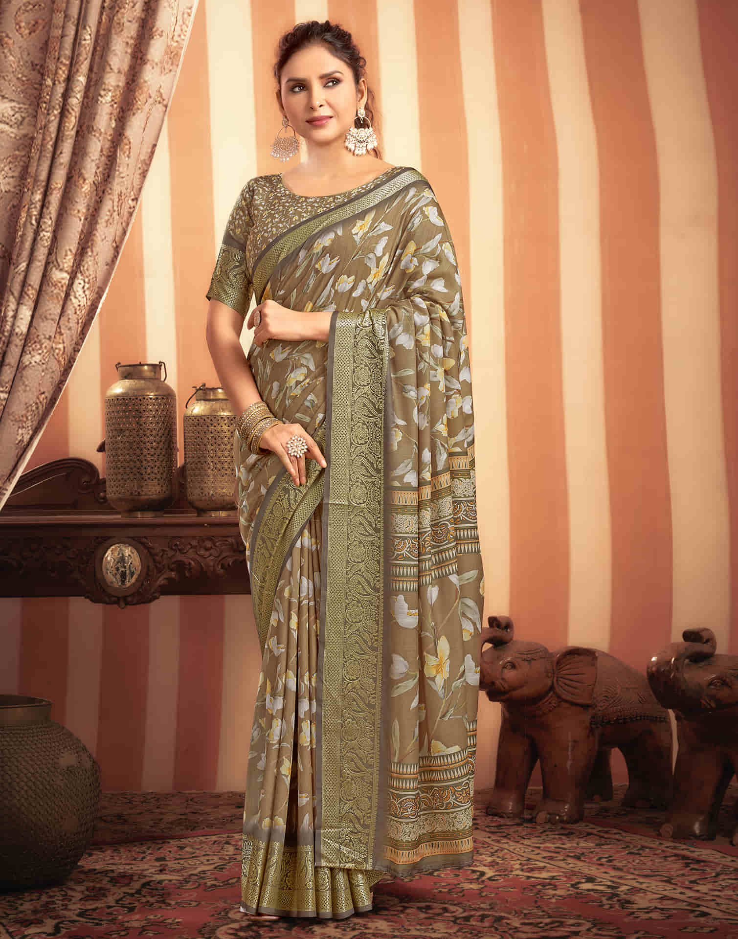 Dark Khaki Cotton Printed Saree