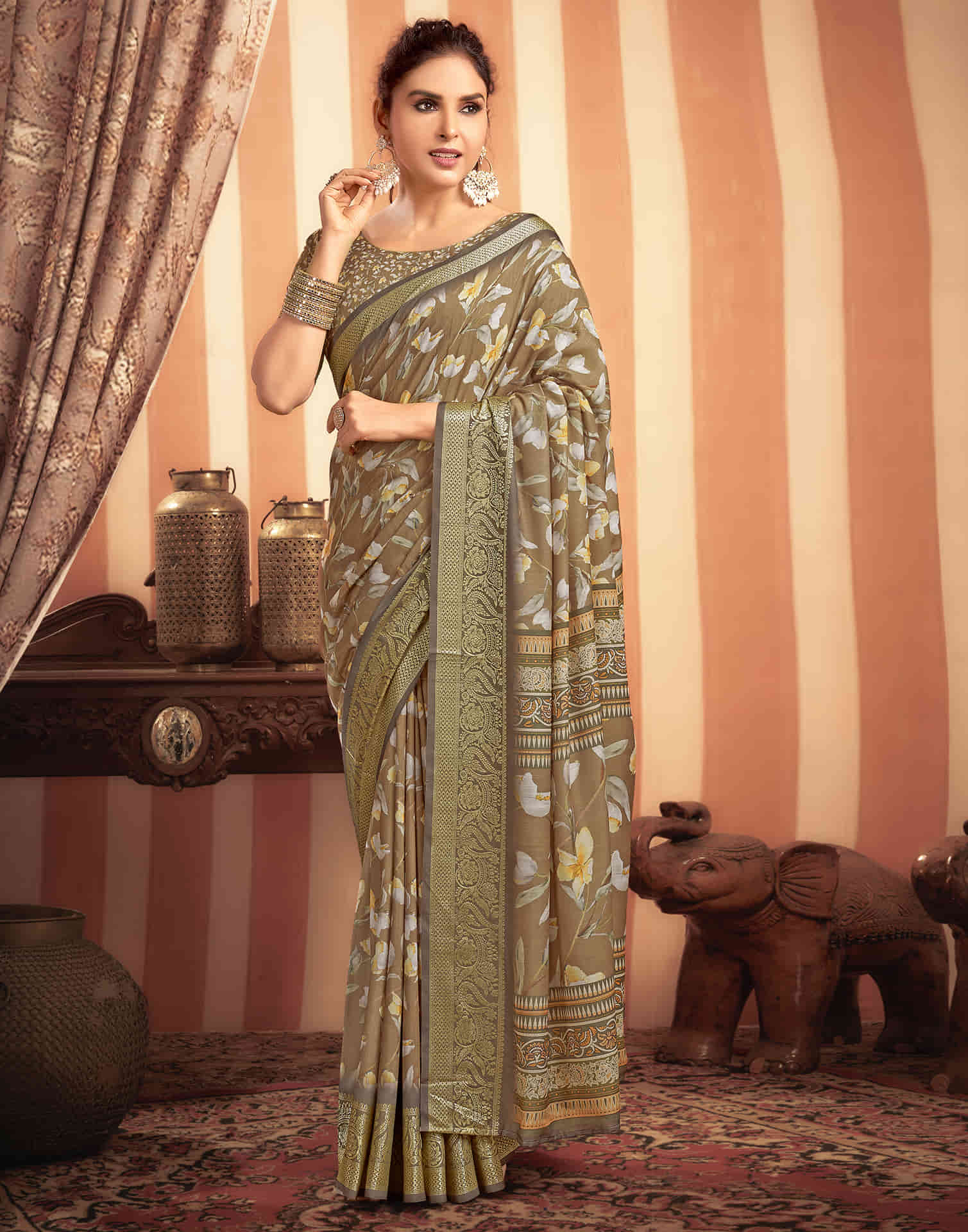 Dark Khaki Cotton Printed Saree