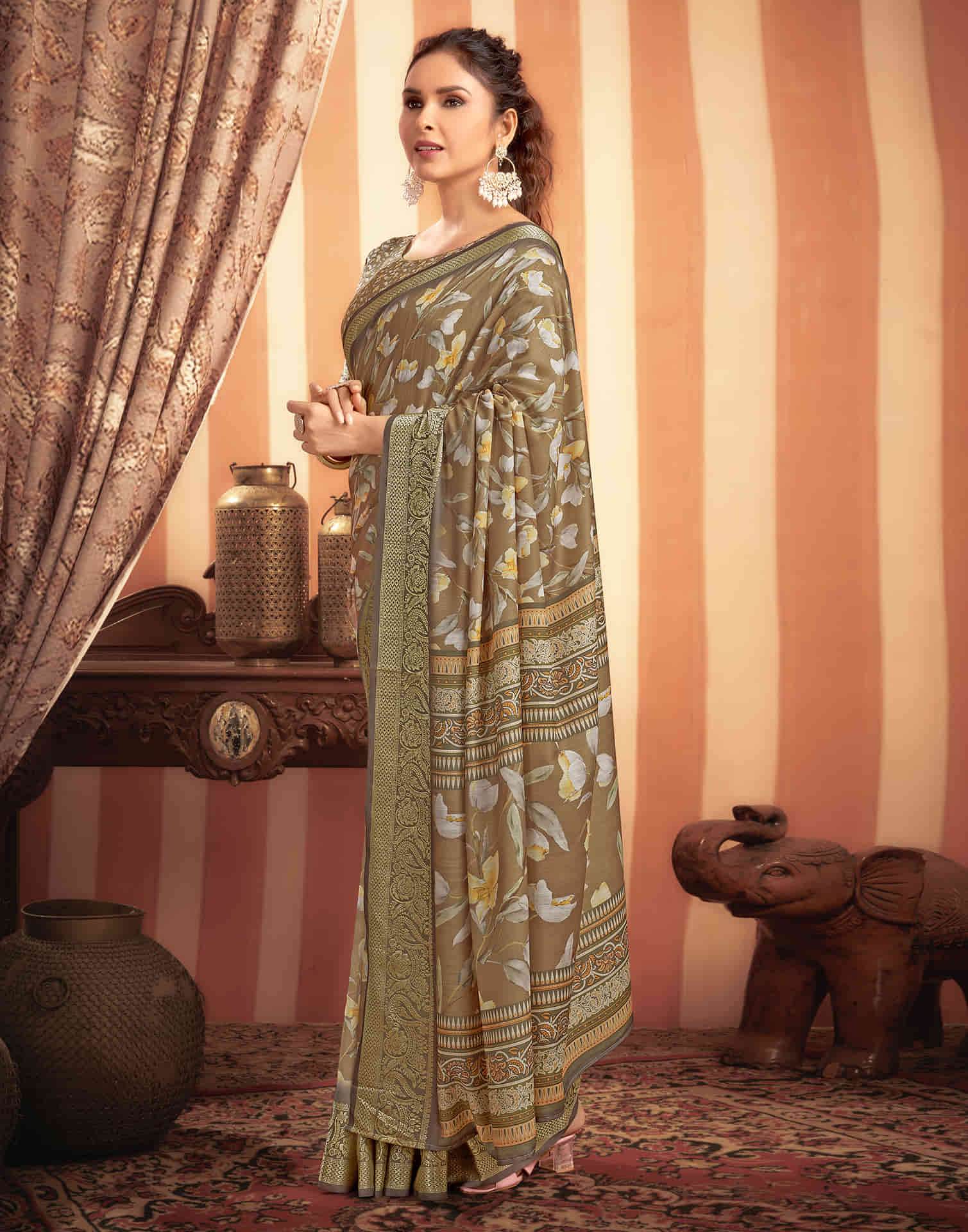 Dark Khaki Cotton Printed Saree