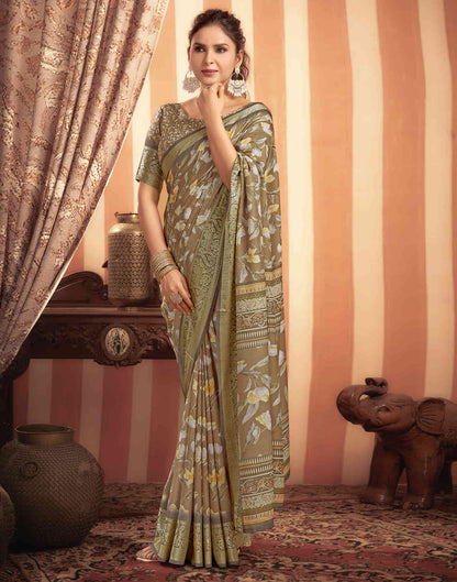 Dark Khaki Cotton Printed Saree