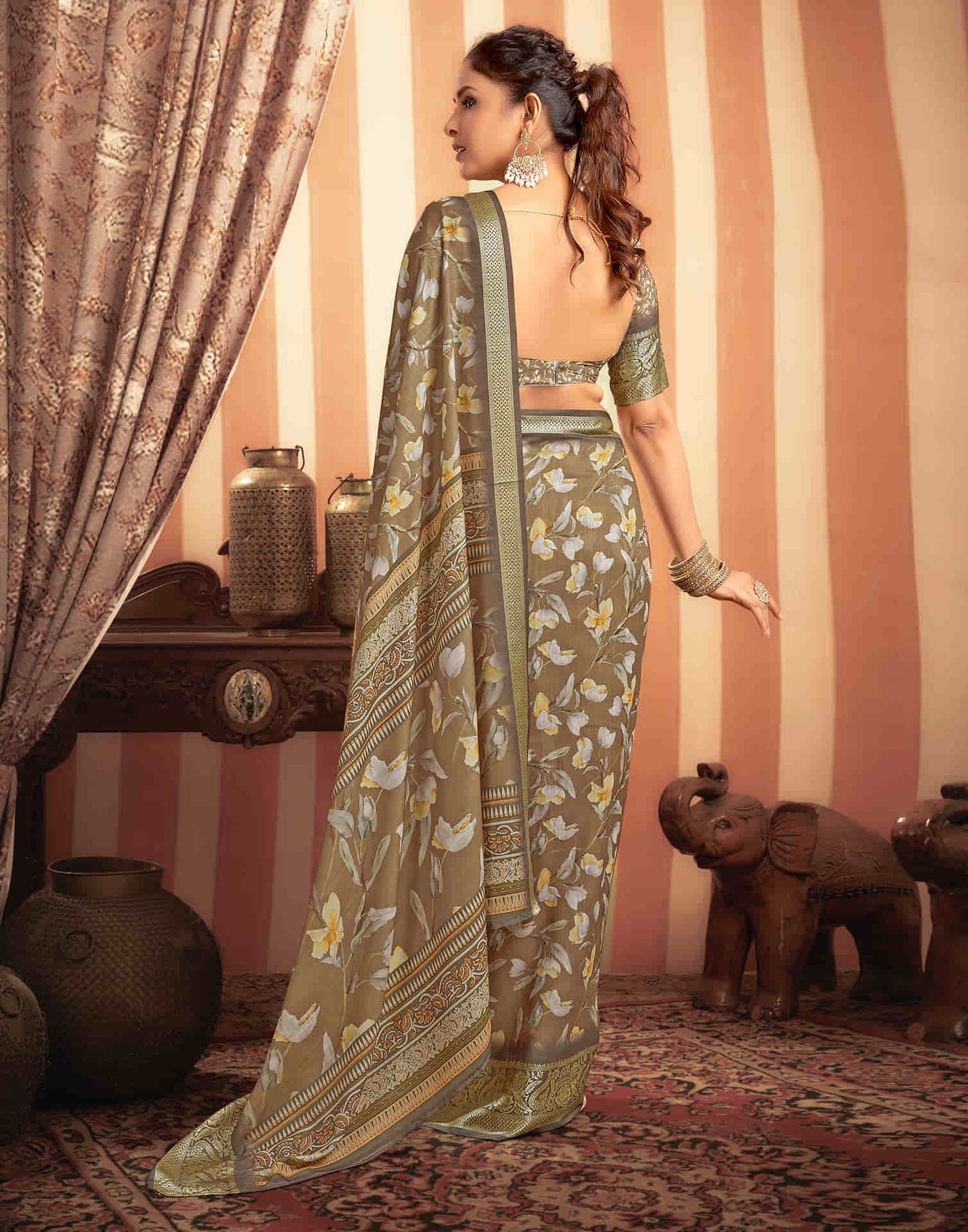 Dark Khaki Cotton Printed Saree