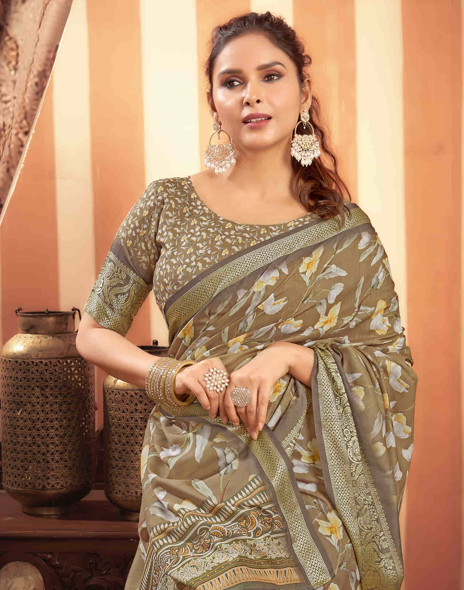 Dark Khaki Cotton Printed Saree