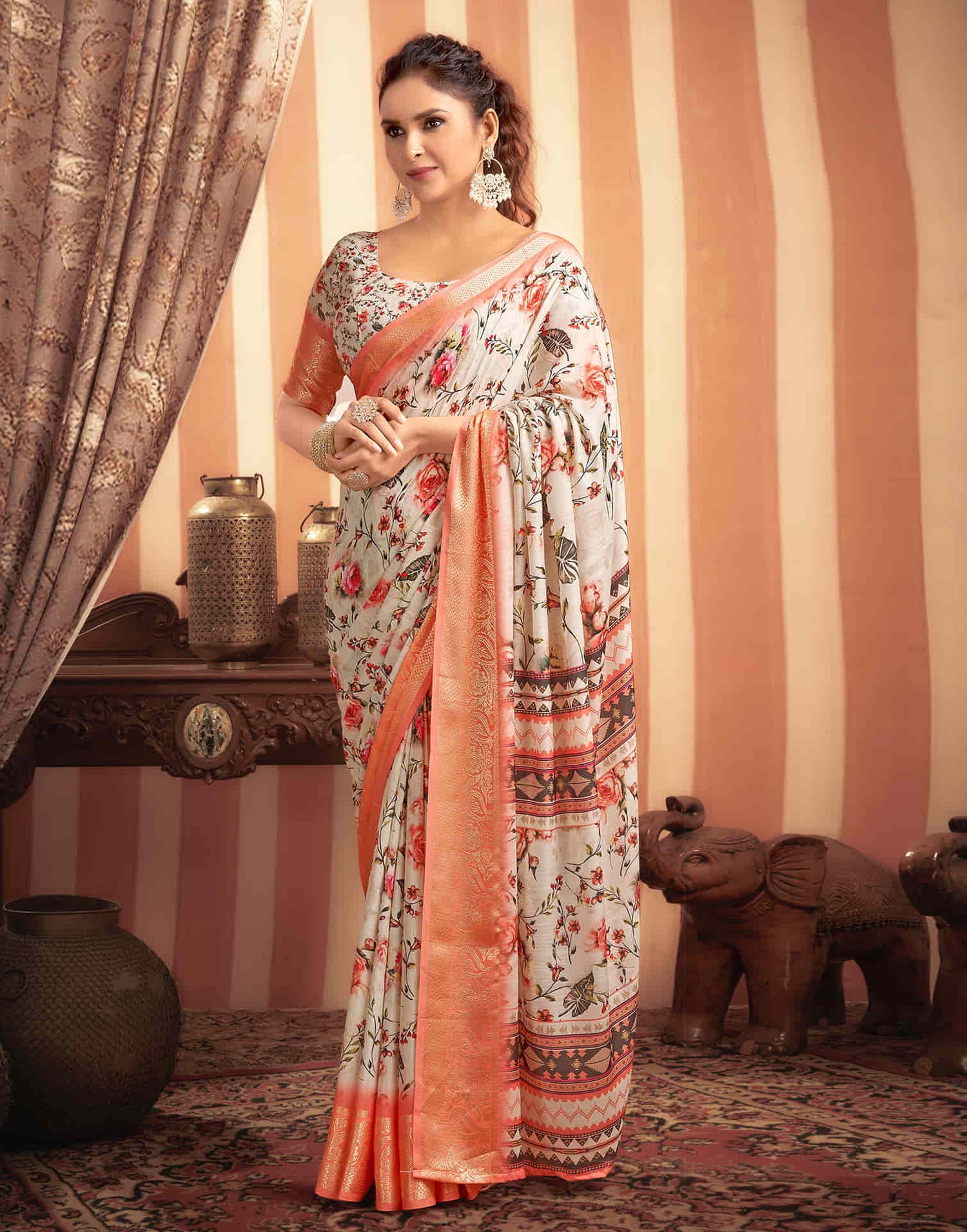 Cream Cotton Printed Saree