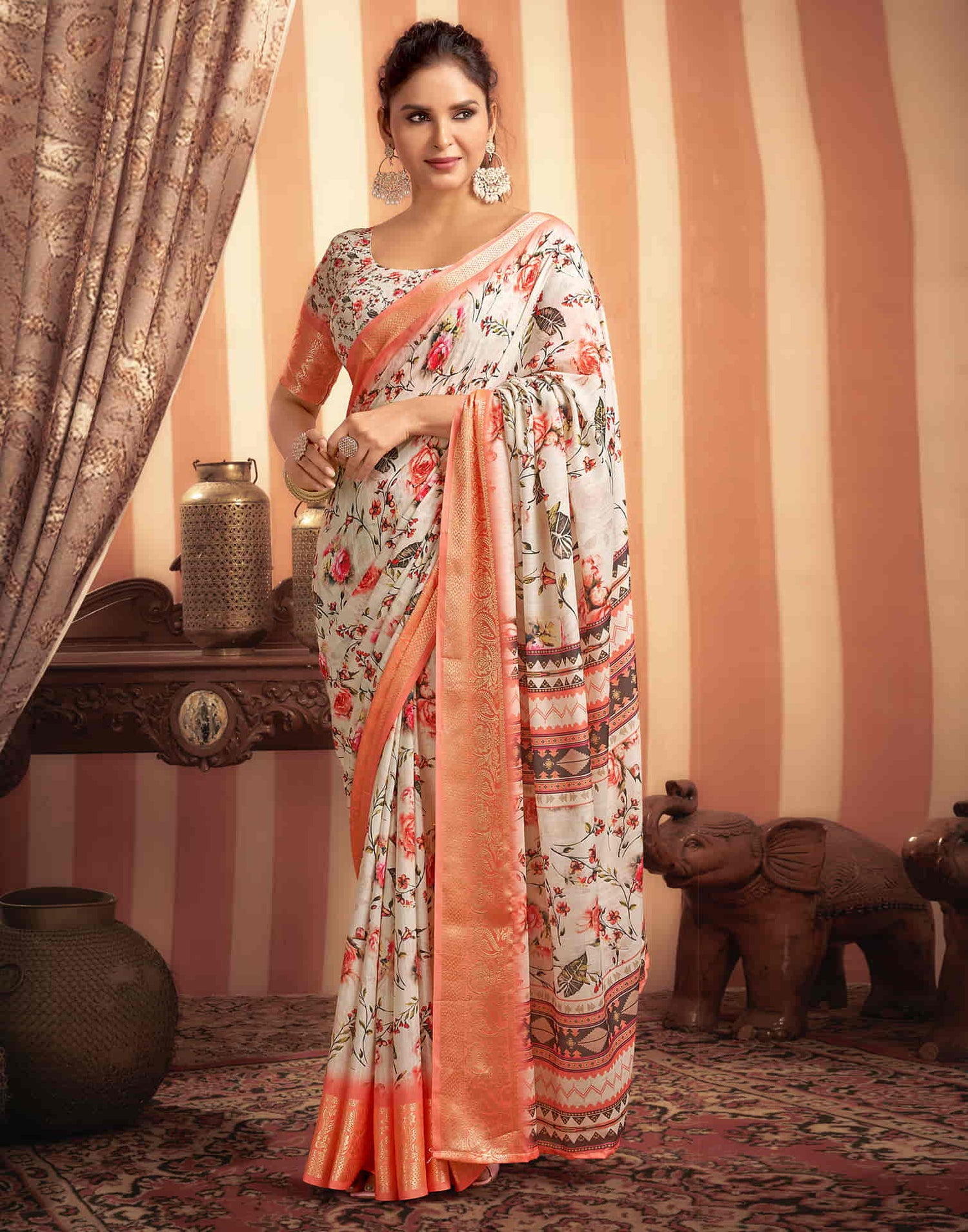 Cream Cotton Printed Saree