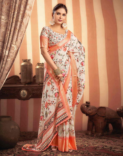 Cream Cotton Printed Saree