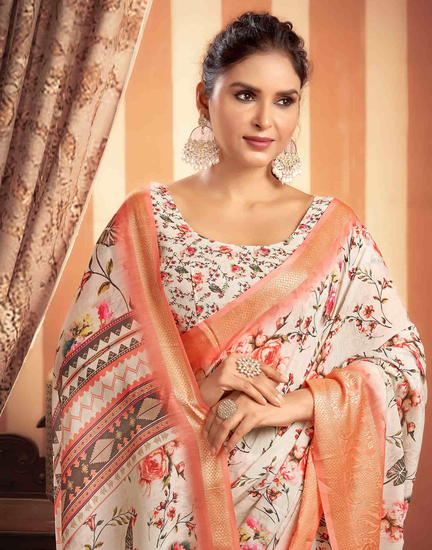 Cream Cotton Printed Saree