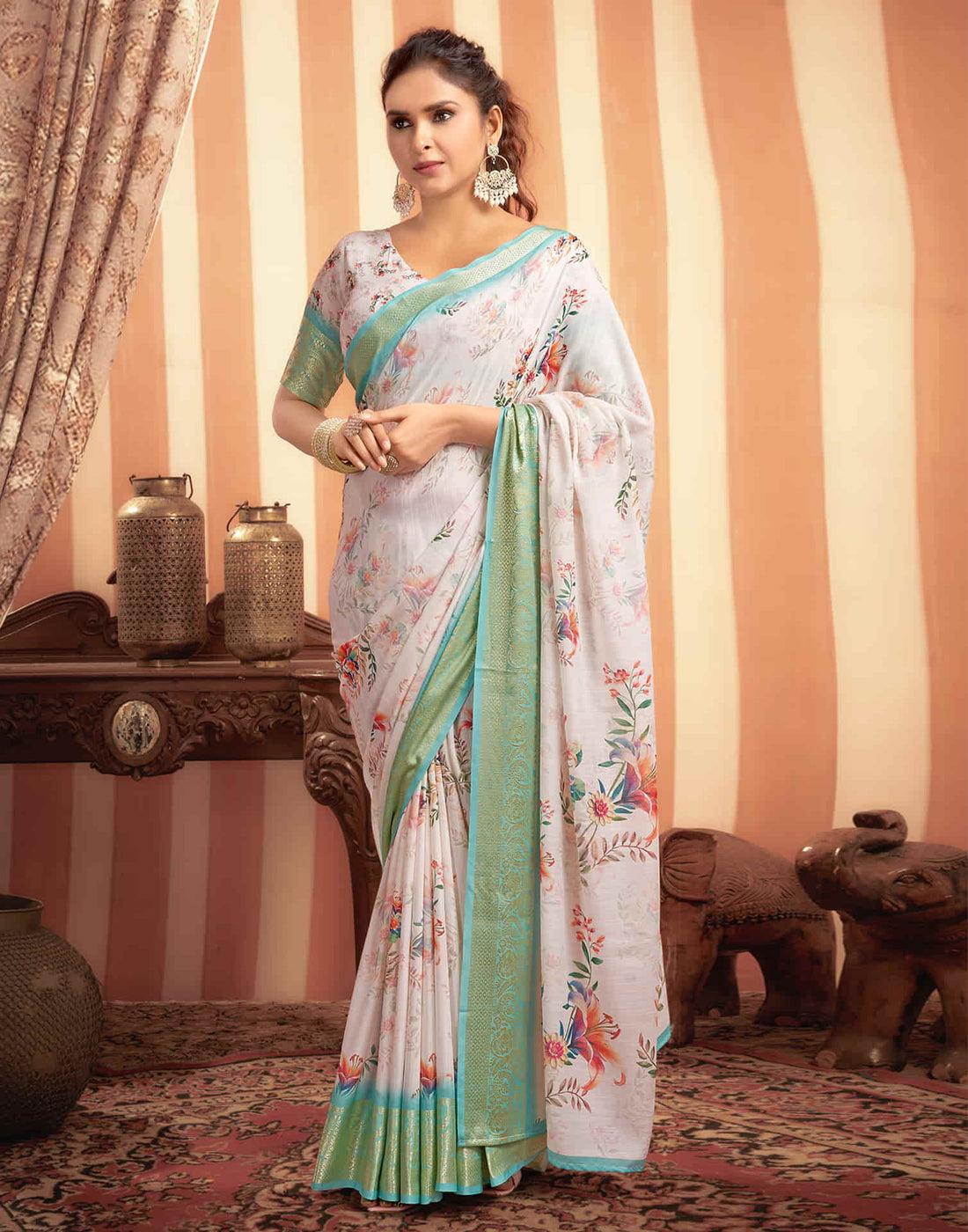 White Cotton Printed Saree