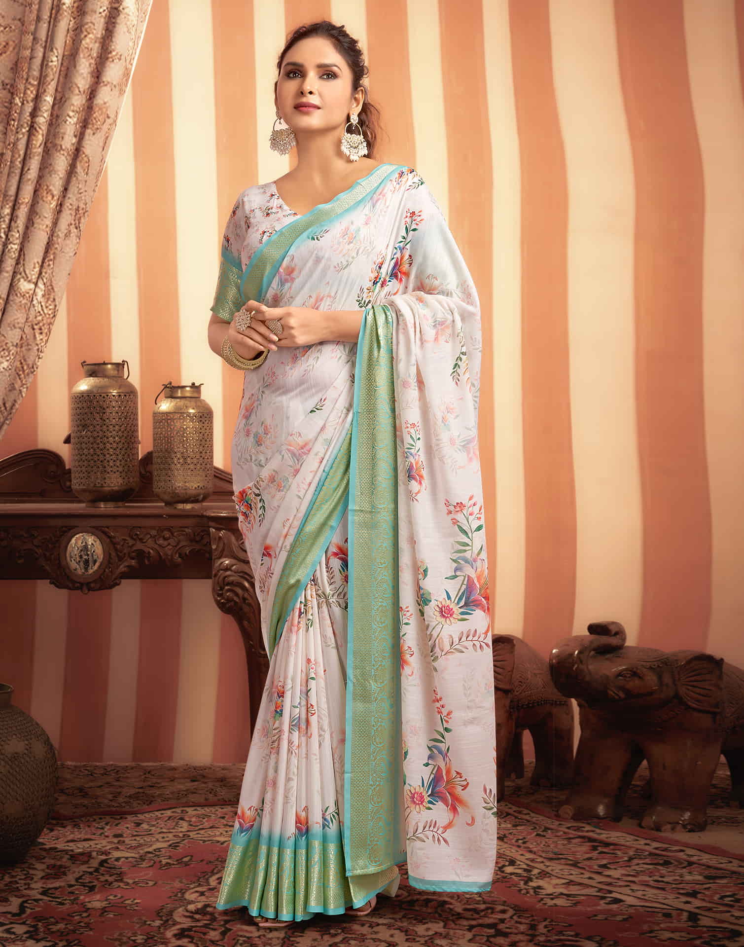 White Cotton Printed Saree