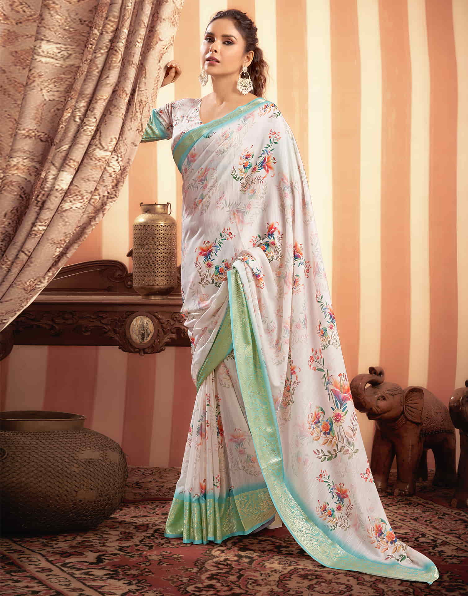 White Cotton Printed Saree