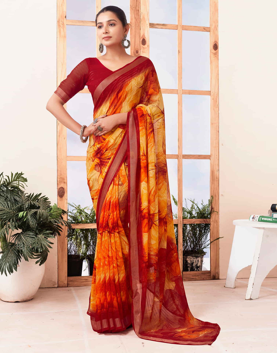 Red Georgette Printed Saree