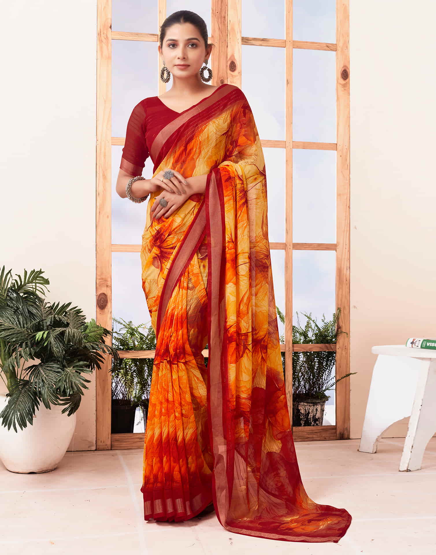 Red Georgette Printed Saree