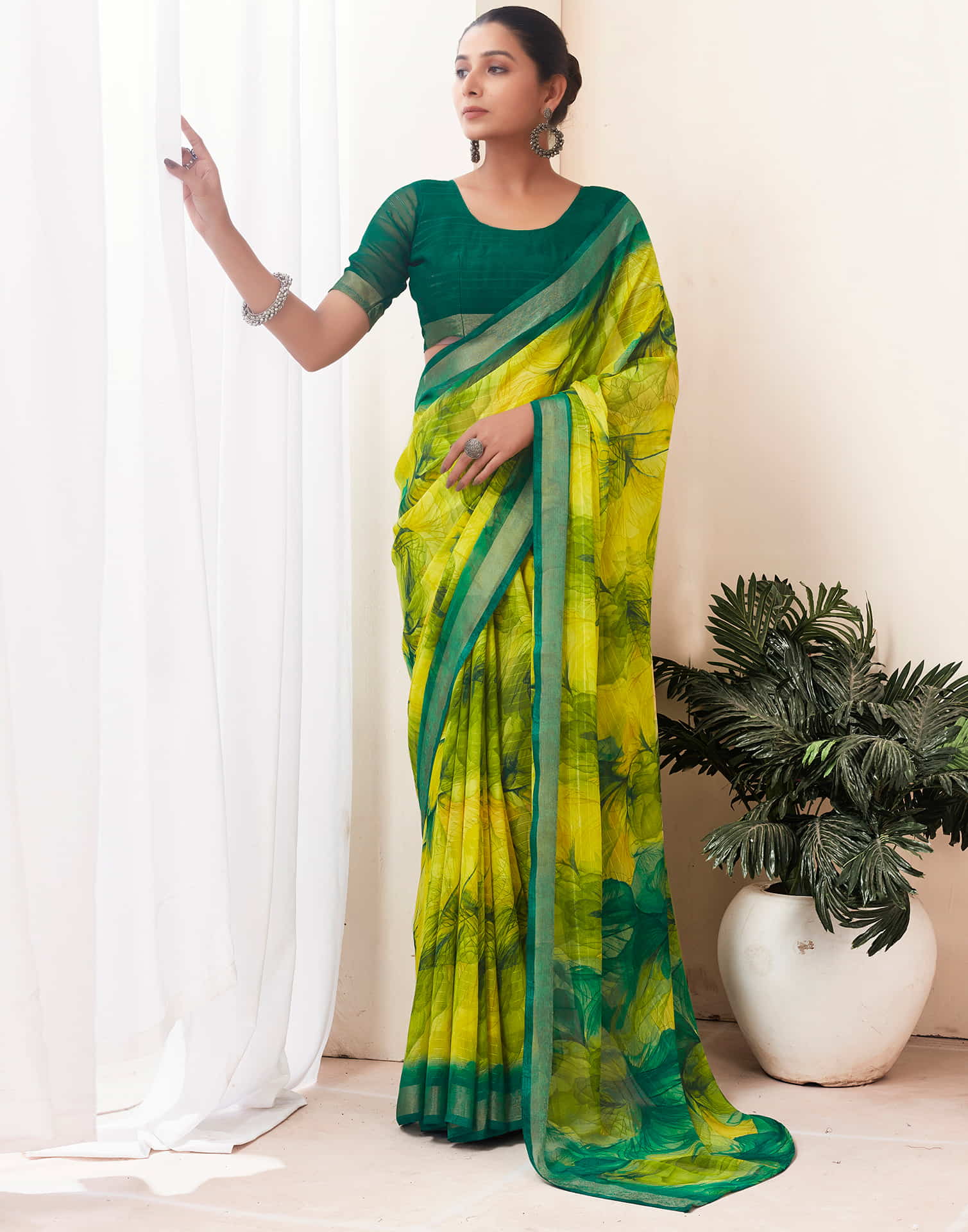 Lime Green Georgette Printed Saree