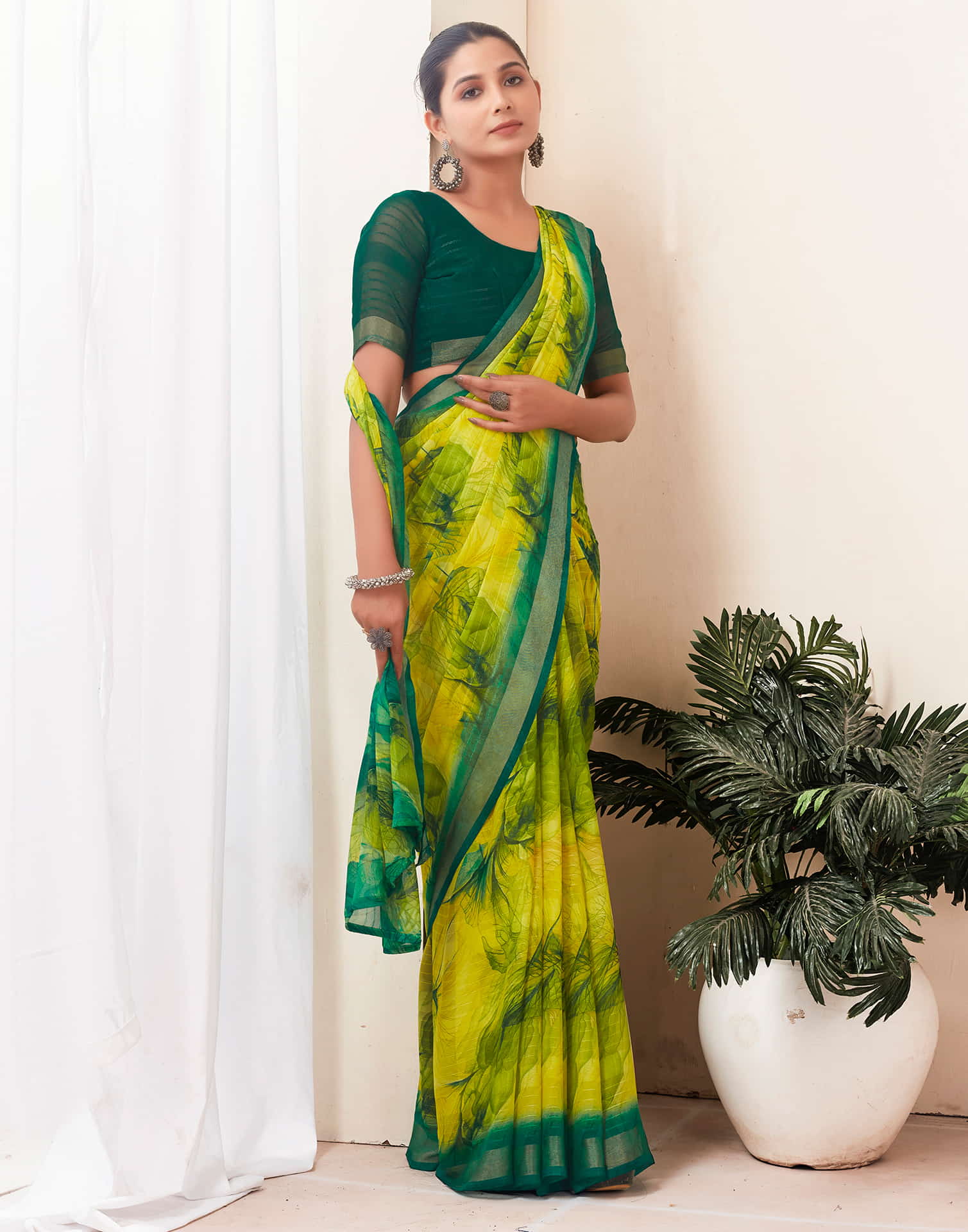 Lime Green Georgette Printed Saree