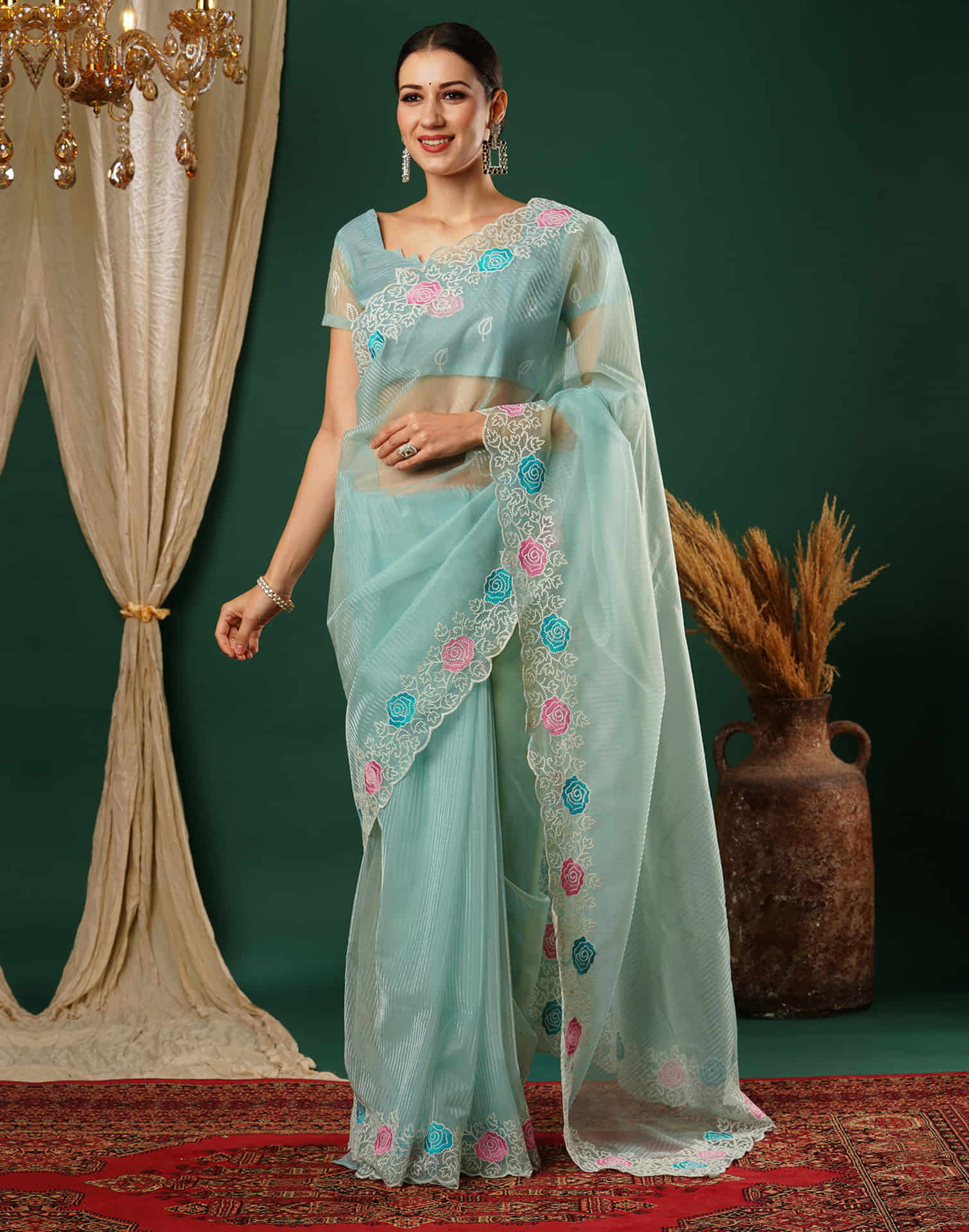 Light Blue Net Embroidery Embroidery Saree