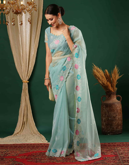 Light Blue Net Embroidery Embroidery Saree