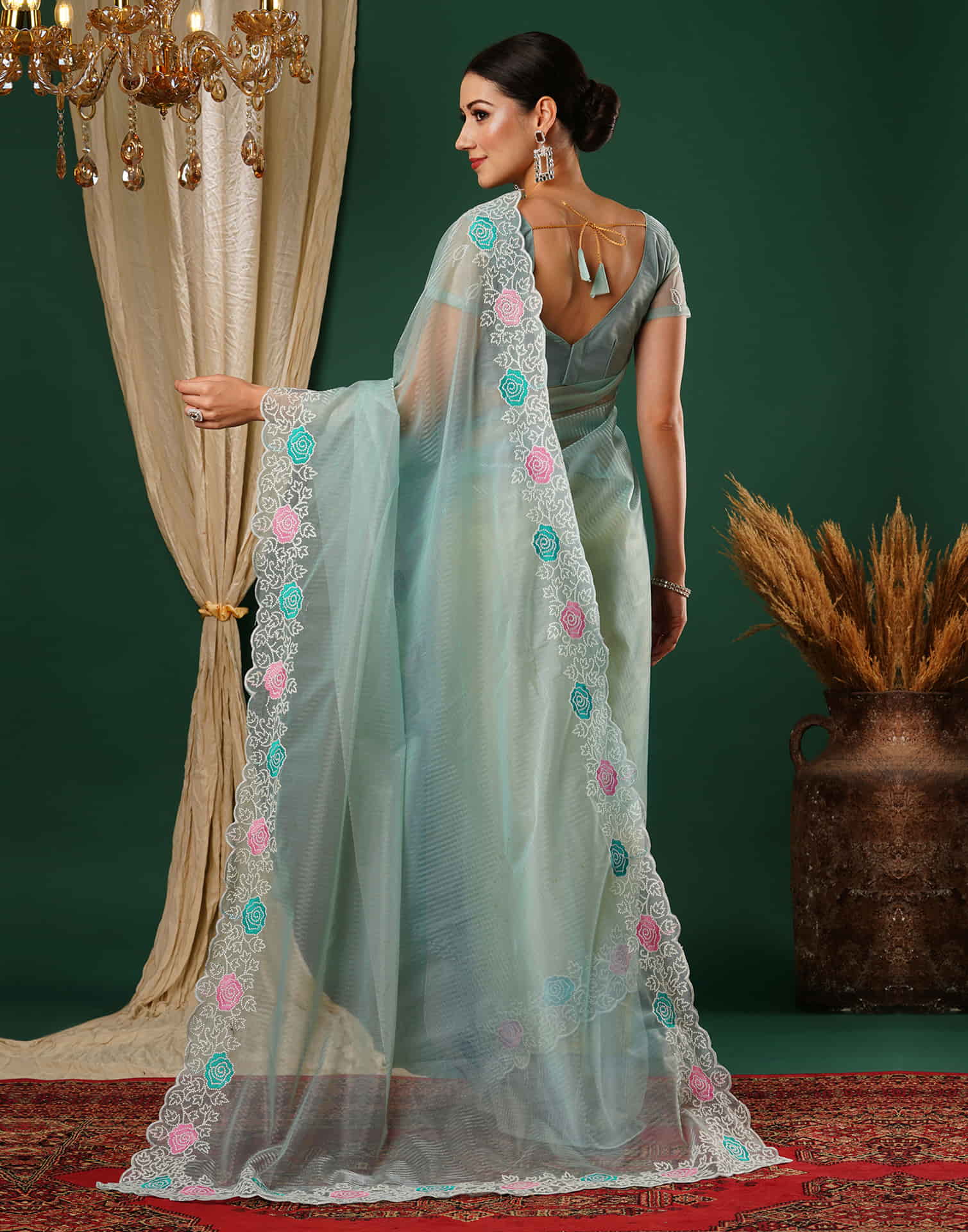 Light Blue Net Embroidery Embroidery Saree