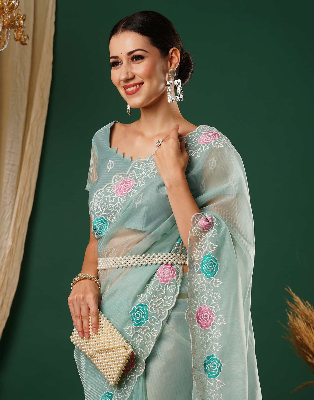 Light Blue Net Embroidery Embroidery Saree