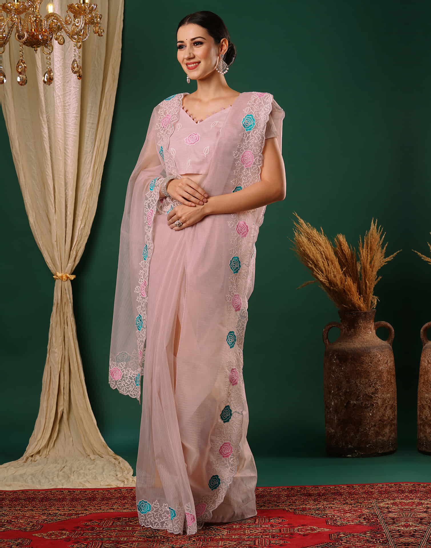 Rose Pink Net Embroidery Embroidery Saree