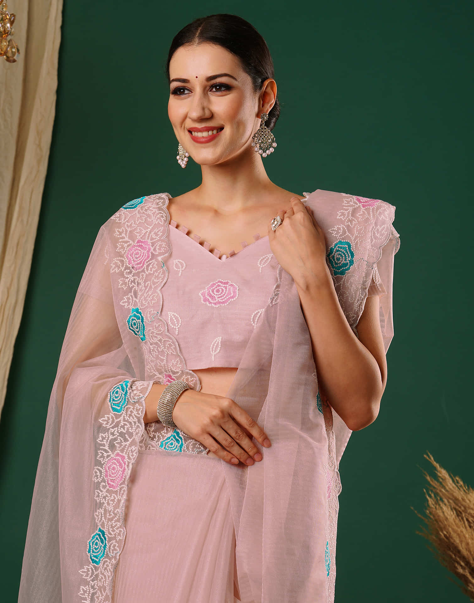 Rose Pink Net Embroidery Embroidery Saree