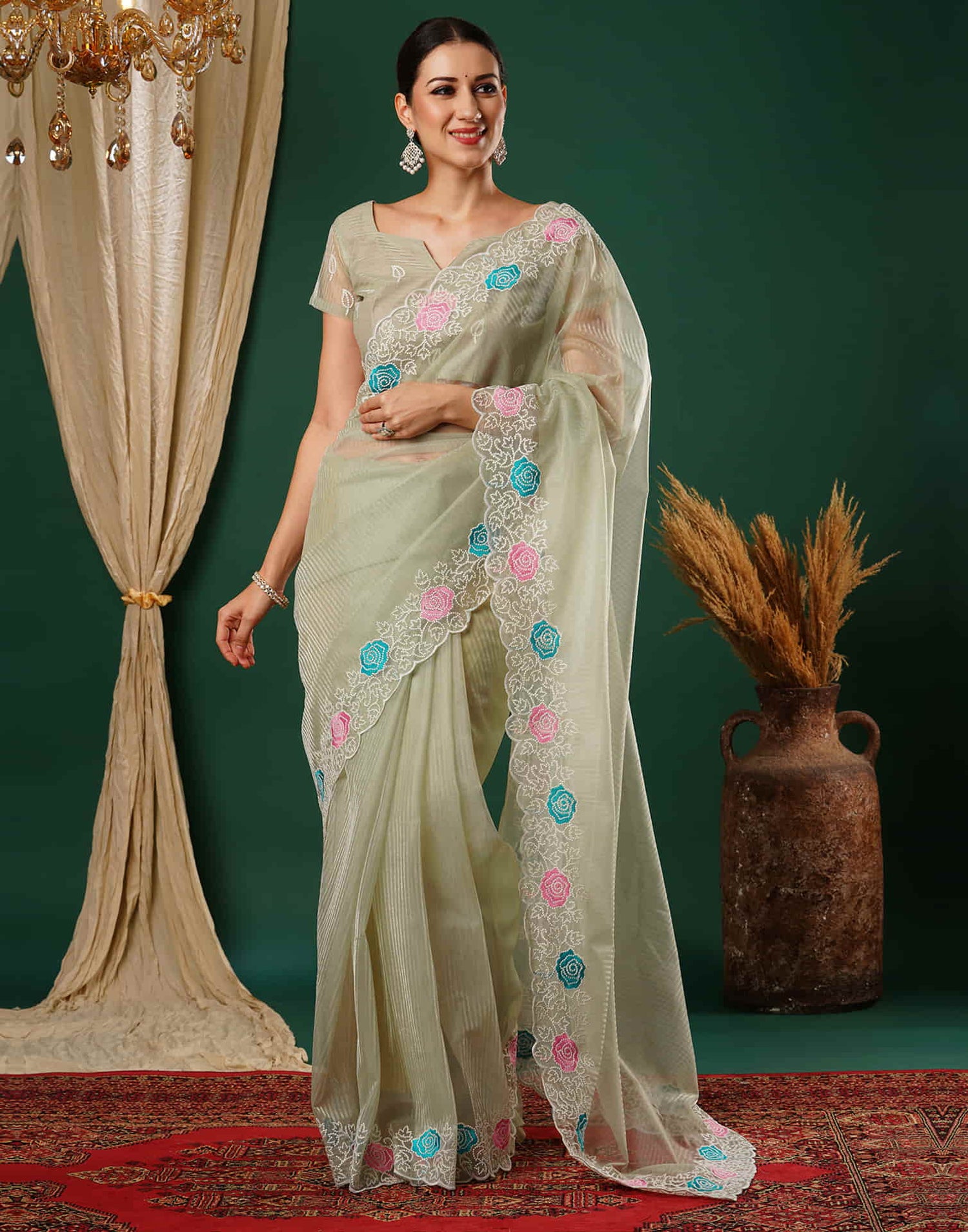 Dusty Green Net Embroidery Embroidery Saree